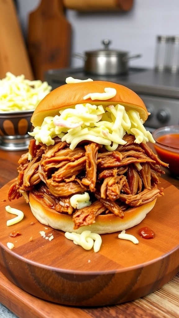 Pulled pork sandwich with coleslaw on a wooden board, accompanied by coleslaw and barbecue sauce.